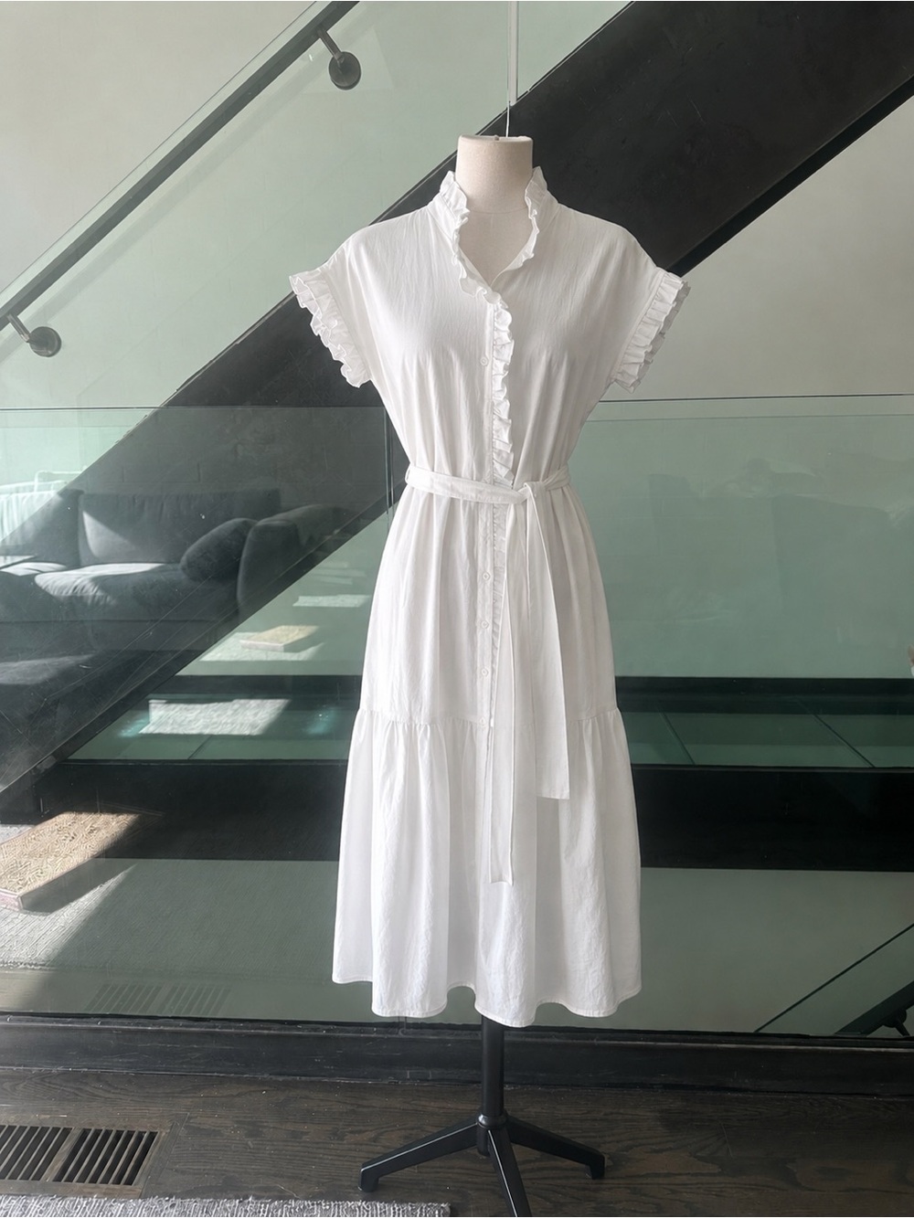 Area‎ Stars Ruffled White CottonTie-Waist Midi Dress